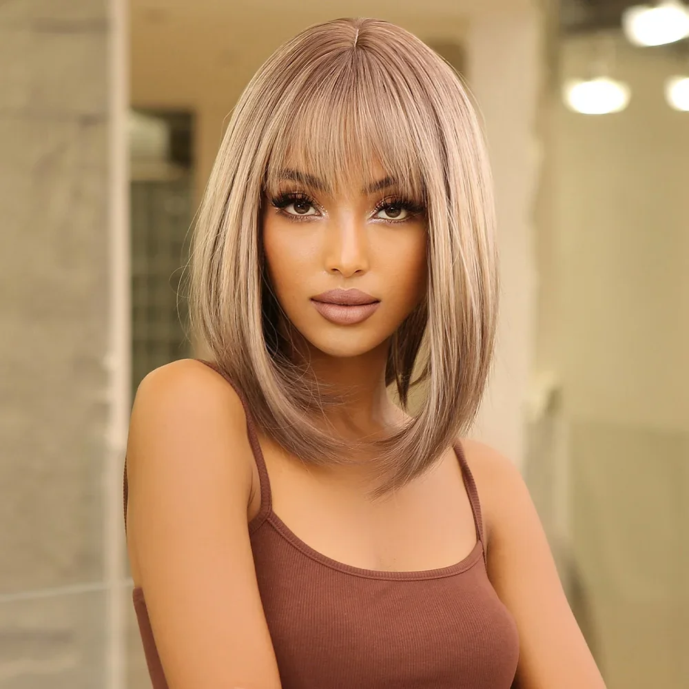 

Bob Short Straight Wig Synthetic Brown Blonde Ombre Highlight Hair Wigs For Women Cosplay With Bangs Fashion Wig For Daily Party