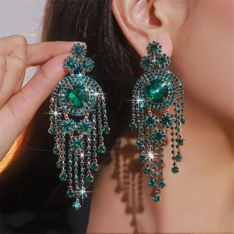 FYUAN Fashion Red Green Silver Color Crystal Earrings for Women Long Tassel Earring Party Weddings Jewelry