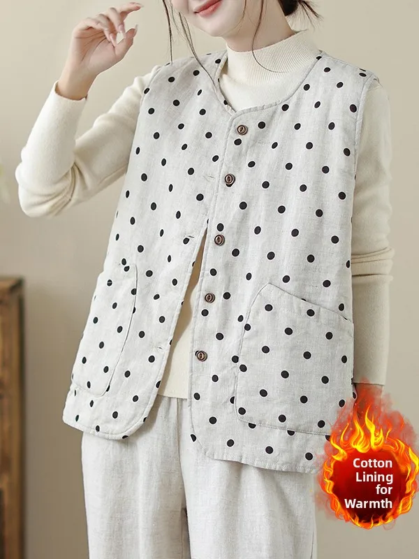 

Новинка 2025: Женский жилет в горошек из хлопка и льна, большие размеры, теплый, художественный, ретро, стеганый, хлопковый, верхняя одежда, кардиган