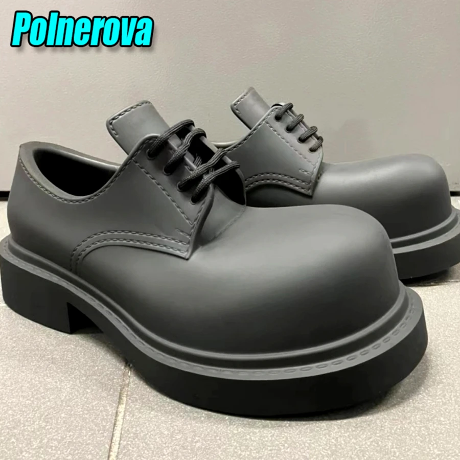 

Big Round Toe Derby Shoes for Men Women British Style Black Leather Lace Up Thick Heel Pumps Brand Designer Couple Casual Shoes