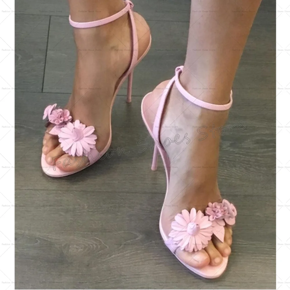 

Pink Flowers Decor Ankle Strap Sandals Open Toe Women Shoes Stilettos High Heels Party Banquet Dating 2025 Zapatos Para Mujere