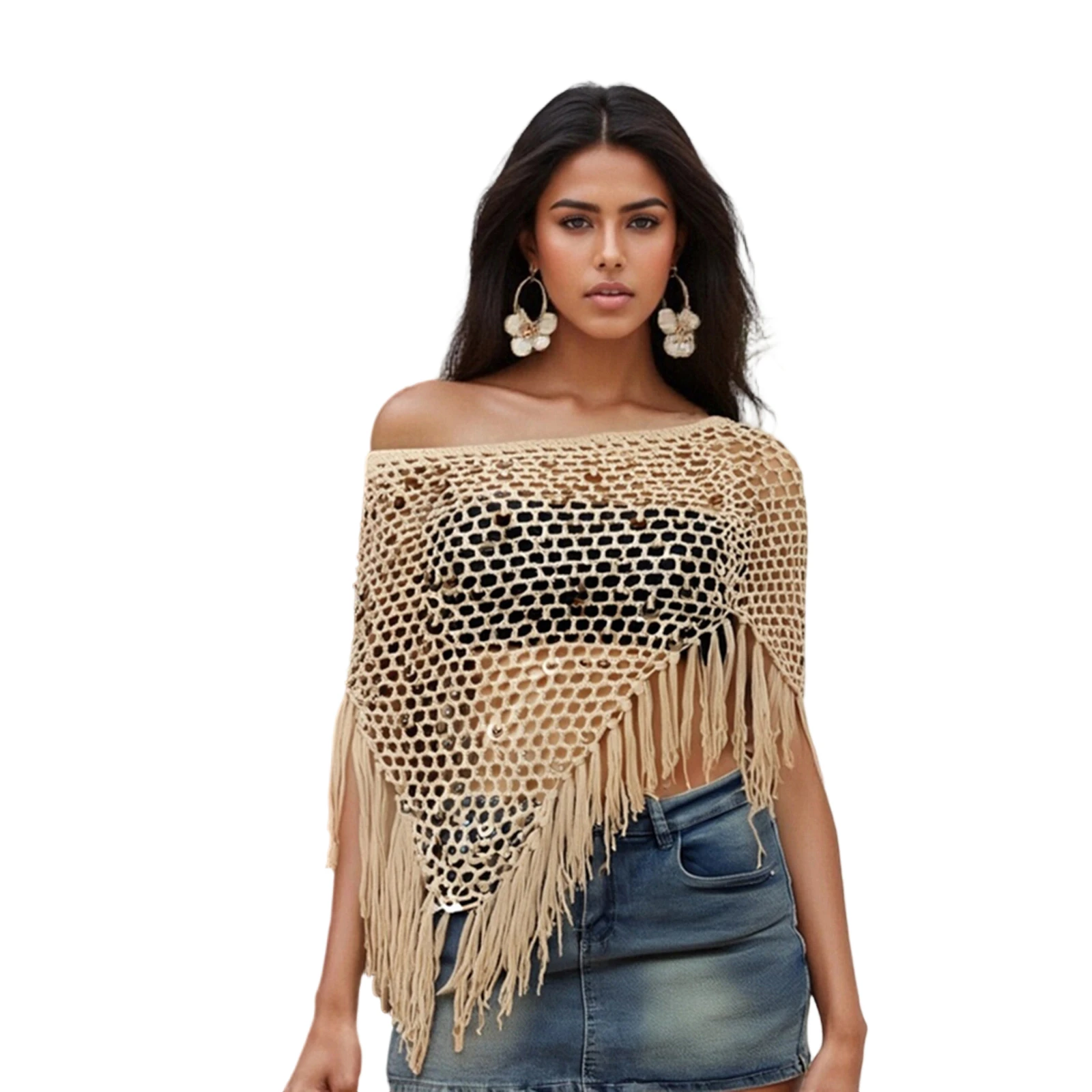 

Sequin Crochet Cover Up for Women Hollowed Tassel Off Shoulder Knitted Poncho Trendy Coverup Tops