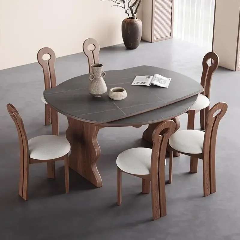 

Solid wood foldable rock slab dining table antique variable round table retractable modern simple American household