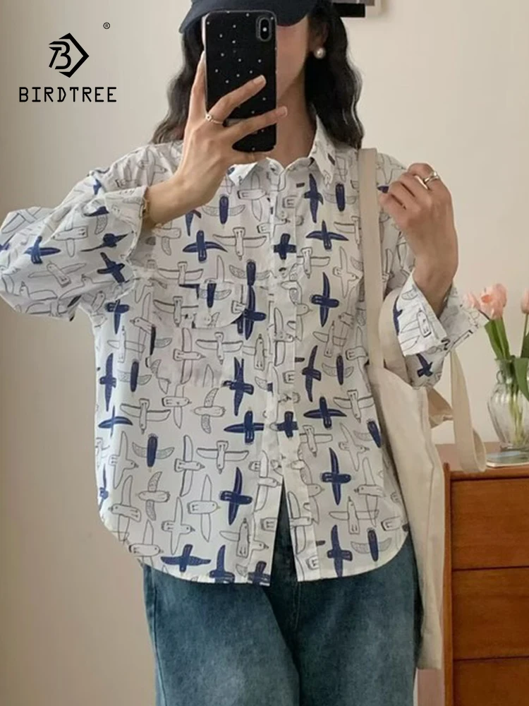 

Новая женская хлопковая рубашка с длинным рукавом Весна 2026, с отложным воротником и мультяшным принтом чайки, в стиле Mori Girl, модная повседневная свободная блузка T63222CC