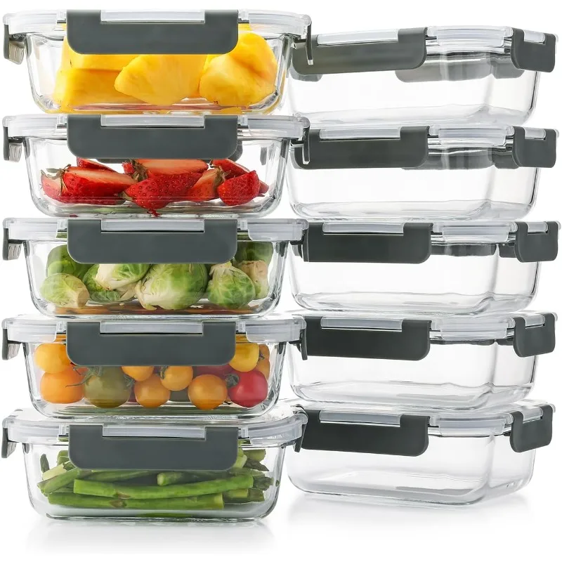 

10 Pack 22 Oz Glass Meal Prep Containers with Lids, Reusable Glass Food Storage Containers with Lids, Leak Proof, Microwave