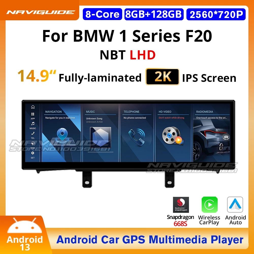 NAVIGUIDE 14.9'' Android 13 Wireless For BMW 1 Series F20 NBT LHD 2012-2016 CarPlay Auto Car Multimedia Player WIFI GPS GT