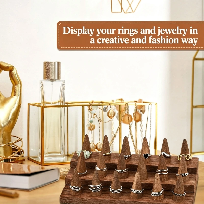 Ring Display Stand Set, 2-Piece Tiered Design with Individual Cone Holders for Vanity Tops and Jewelry Counters 24BB