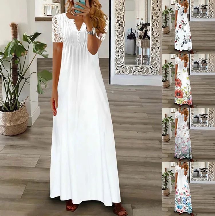 

Elegant Floral Print Maxi Dresses For Women Casual V Neck Short Casual Lace Patchwork Summer Slim Party Dress Vestidos Robes