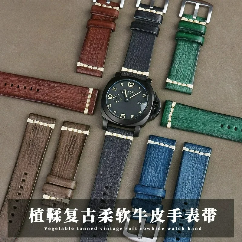 Suitable for Panerai PAM Breitling Citizen Tudor Little Safflower Handmade Vintage Leather Watch Strap 22 24mm