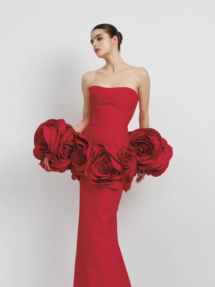 

Sexy Strapless 3D Flower Bandage Long Dress Women Red Black Sleeveless Backless Floral Patchwork Bodycon Dresses Evening Party