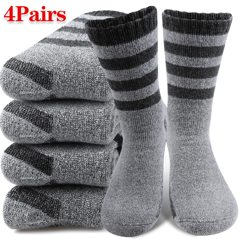 

4 Pairs Men's Merino Wool Blend Striped Socks Winter Super Thick Warm Mid-Calf Sock with Reinforced Sole for Snow Days & Commute