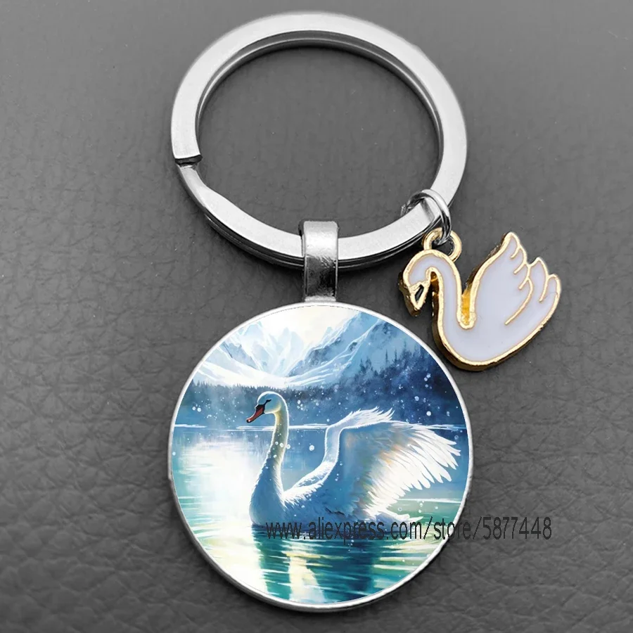 Black and white swan keychain beautiful swan lake jewelry dome glass keyring white swan pendant keychain gift can be customized