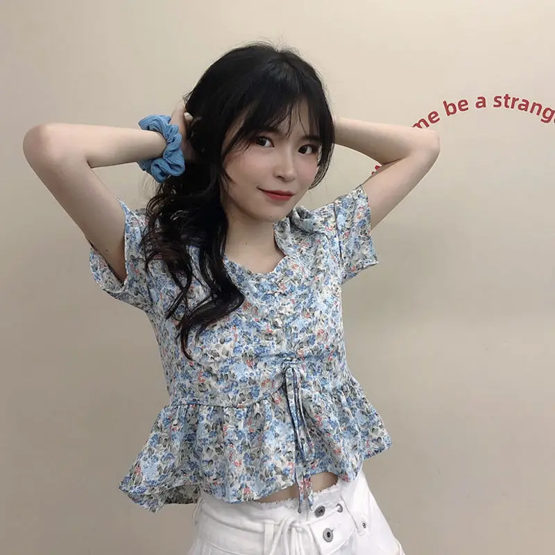 Clothing Short Sleeve Cute Women\'s Shirts and Blouses Kawaii Top for Woman Crop Floral with Bow Korean Style Modern Long Pretty