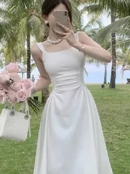 Gentle style square neck strap solid color dress for summer women French style new slim fit waist style mid length dress QW6U