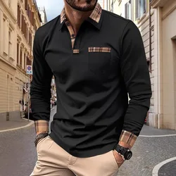 New  men's casual spring and fall fashion plaid lapel long sleeve pocket comfortable party outdoor top polo shirt