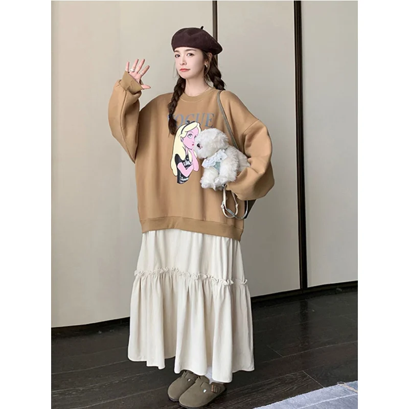 Robe deux pièces en patchwork de tempérament d'automne, t-shirt à manches longues, impression de dessin animé, faux, PVD, décontracté, nouveau