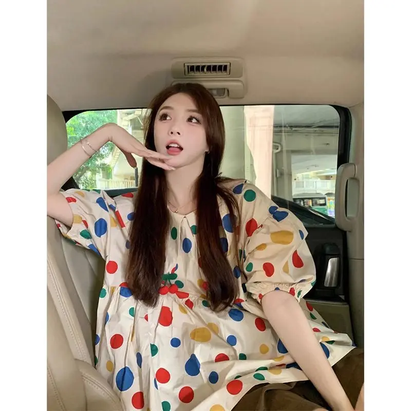 2024 New Dopamine Summer Wave Point Shirt Doll Collar Short Sleeved Puff Sleeve Solid Color Shorts Comfortable Two Piece Set