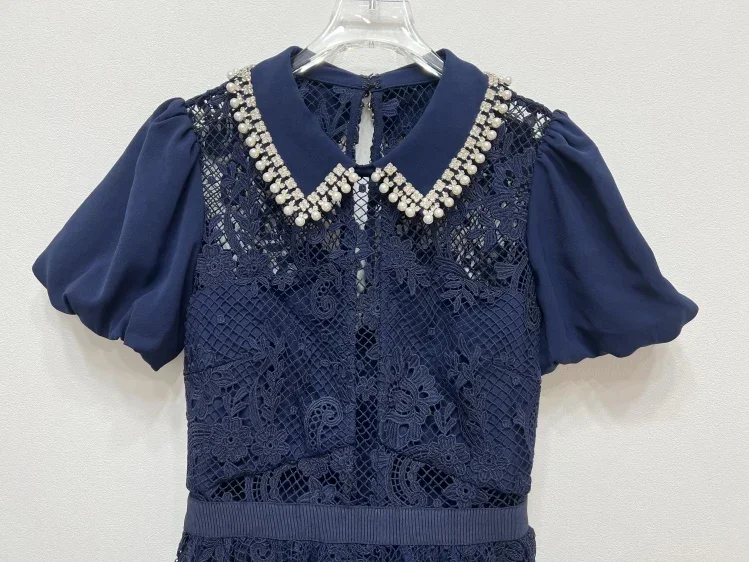 Women vintage blue dress lace cutout elegant party dresses for women 2023