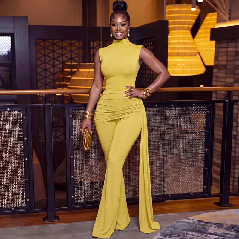 

2026 Chic Solid 2 Piece Sets Woman Outfits Elegant Club Party Ruched Ribbon Sleeveless Top and Flare Pants New in Matching Sets