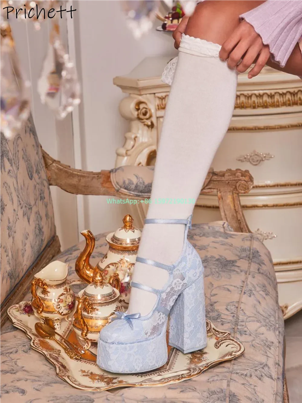 Blue Lace Multi Buckle Pumps Platform Butterfly Knot Round Toe Chunky Heels Elegant Shoes Ladies Sweet Fashion Stiletto Shoes