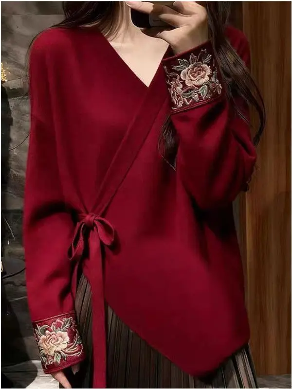 new-2026-autumn-winter-irregular-chinese-sle-embroidery-women's-jaet-side-tie-design-color-top-warm-polyester