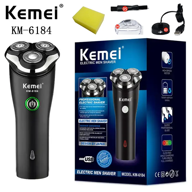 

Kemei KM-6184 Usb Rechargeable 3d Triple Floating Head Men Electric Beard Trimmer Shaver