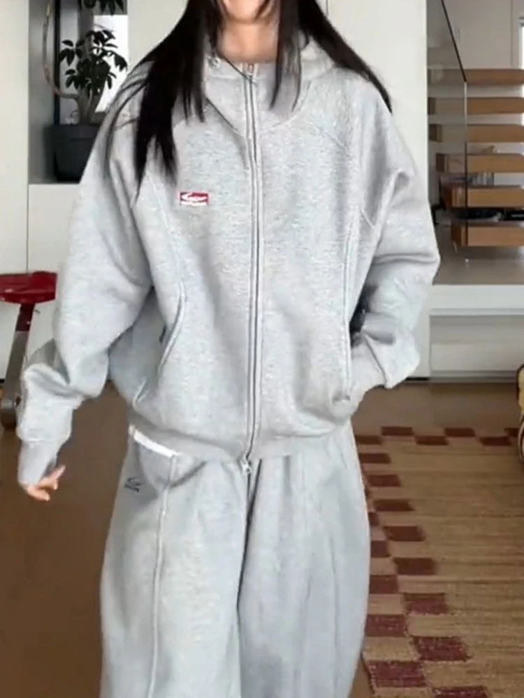 HOUZHOU American Retro Zipper Hoodies Women Hip Pop Green Oversize Hooded Sweatshirts Vintage Grey Casual Classic Solid Coat