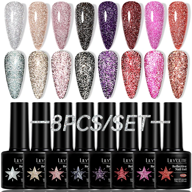 

LILYCUTE 8/10Pcs/Set 7ML Reflective Sparkling Glitter Gel Nail Polish Latest Fashion Semi Permanent Nail Art LED UV Gel Varnish