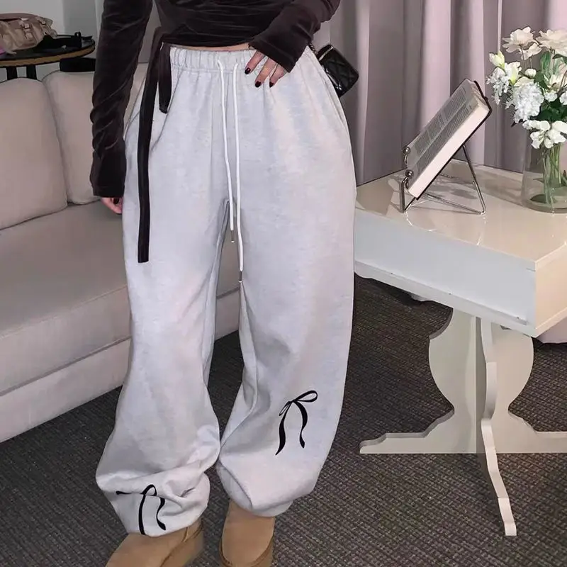 Korean Department Casual Loose Plus Velvet Sportswear Pants Sweatpants  Clothes Bow Pattern Print Elastic Waist Trousers Cute