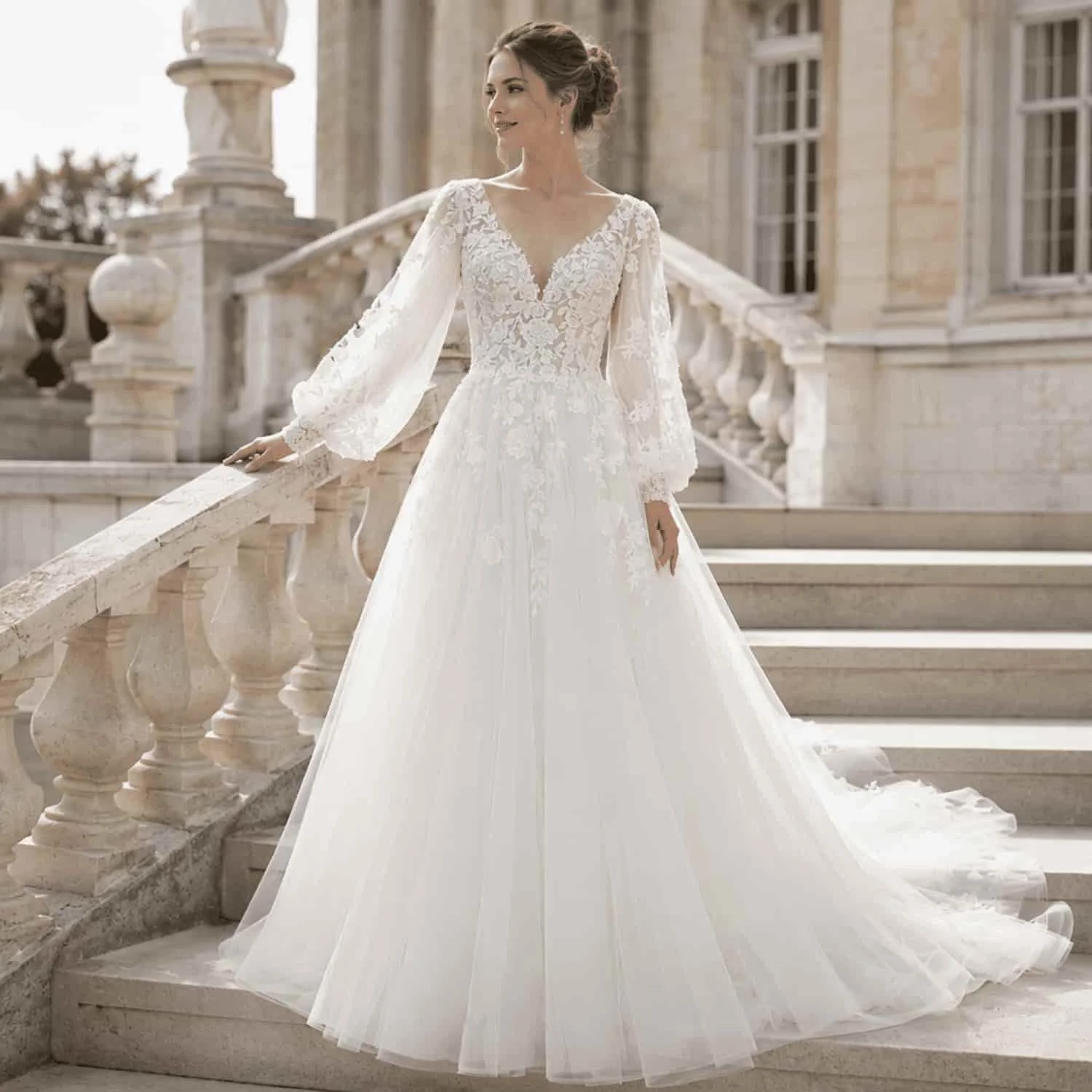 Wedding Dress Sheer Bishop Sleeve A-Line Lace Applique V Neck Tulle Skirt Sweep Train
