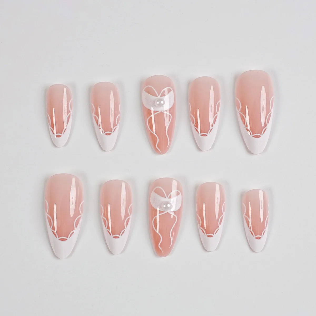 24Pcs Almond Coverage Press On Nails French Pearl White Bow Fake Nails Cute Fashion INS Reusable False Nail Star Wear Nails