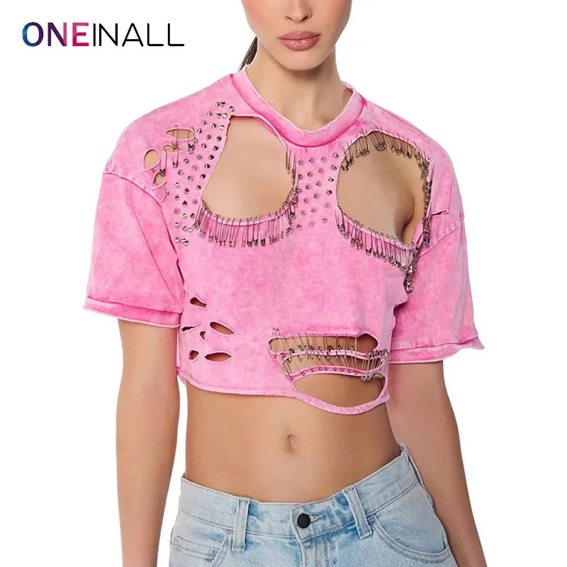 

ONEINALL Y2K Hollow Out T Shirts For Women O Neck Short Sleeve Patchwork Rivets Loose Folds Summer Pullover T Shirt Female New