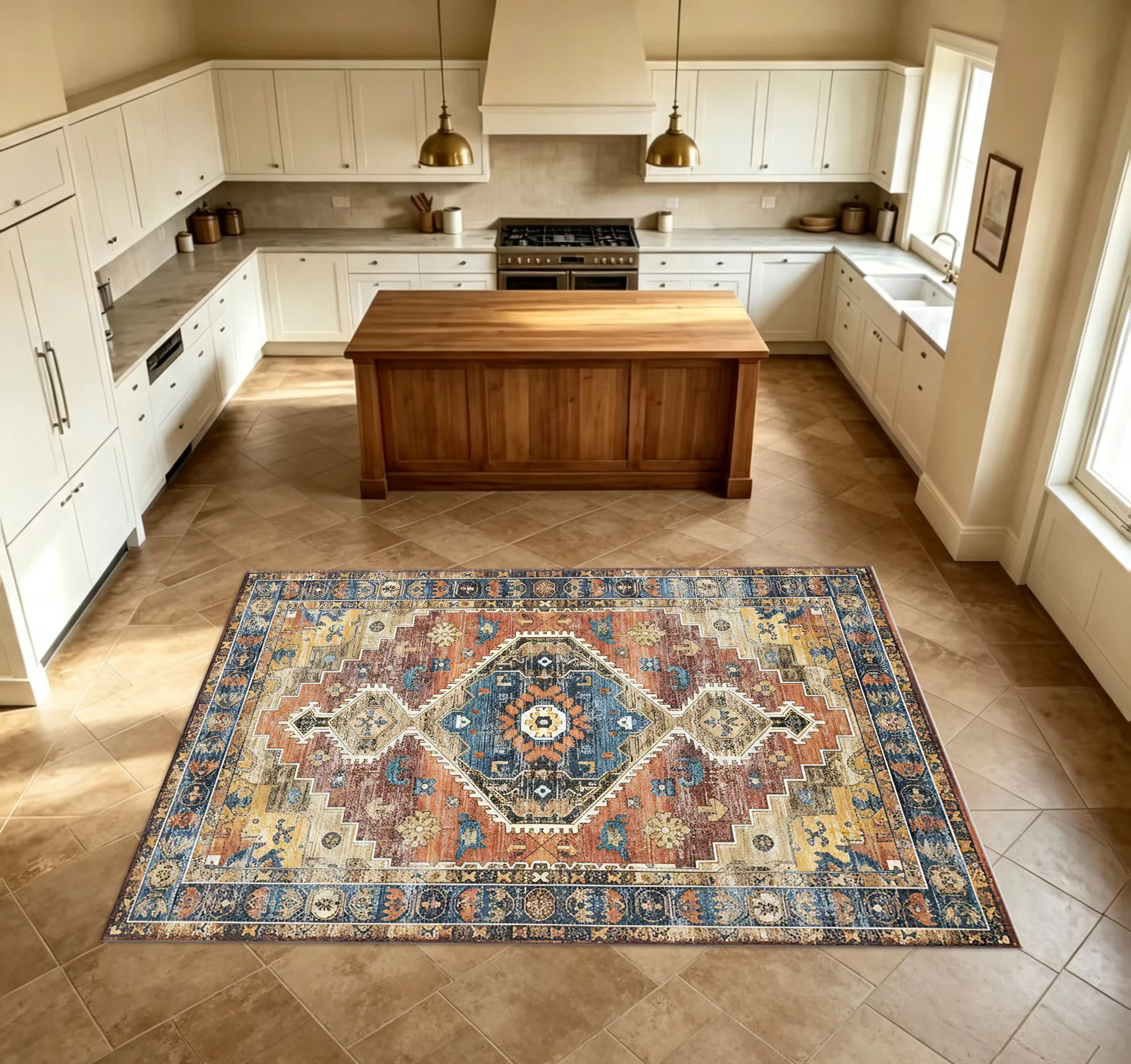 Vintage Geometric Oriental Area Rug Distressed Tribal Medallion Non-Slip Floor Mat for Living Room Bedroom Home Decor