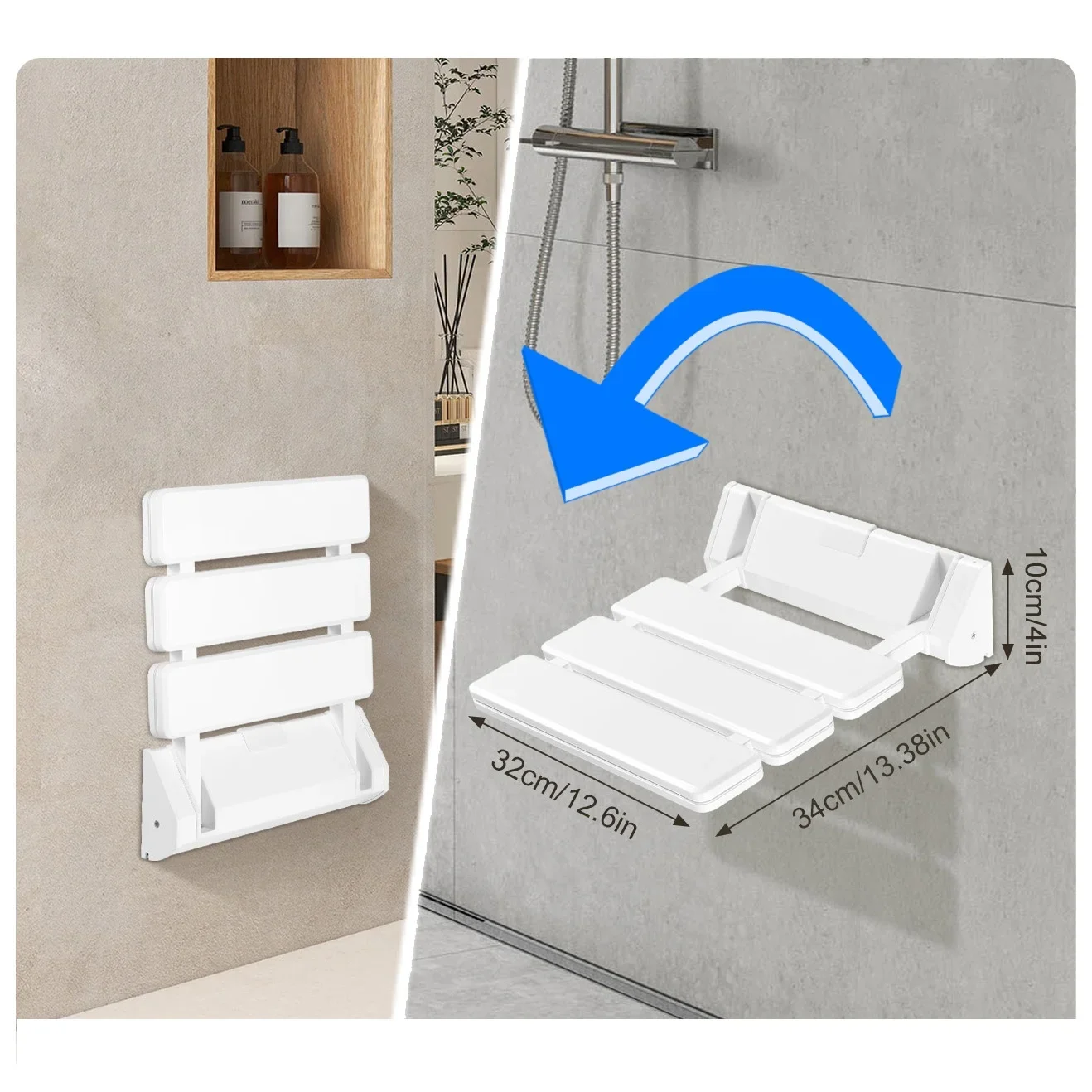 Asiento de ducha plegable montado en la pared, hasta 130 kg/286,6 lb, banco de ducha plegable ergonómico seguro, plegable para ahorrar espacio, blanco