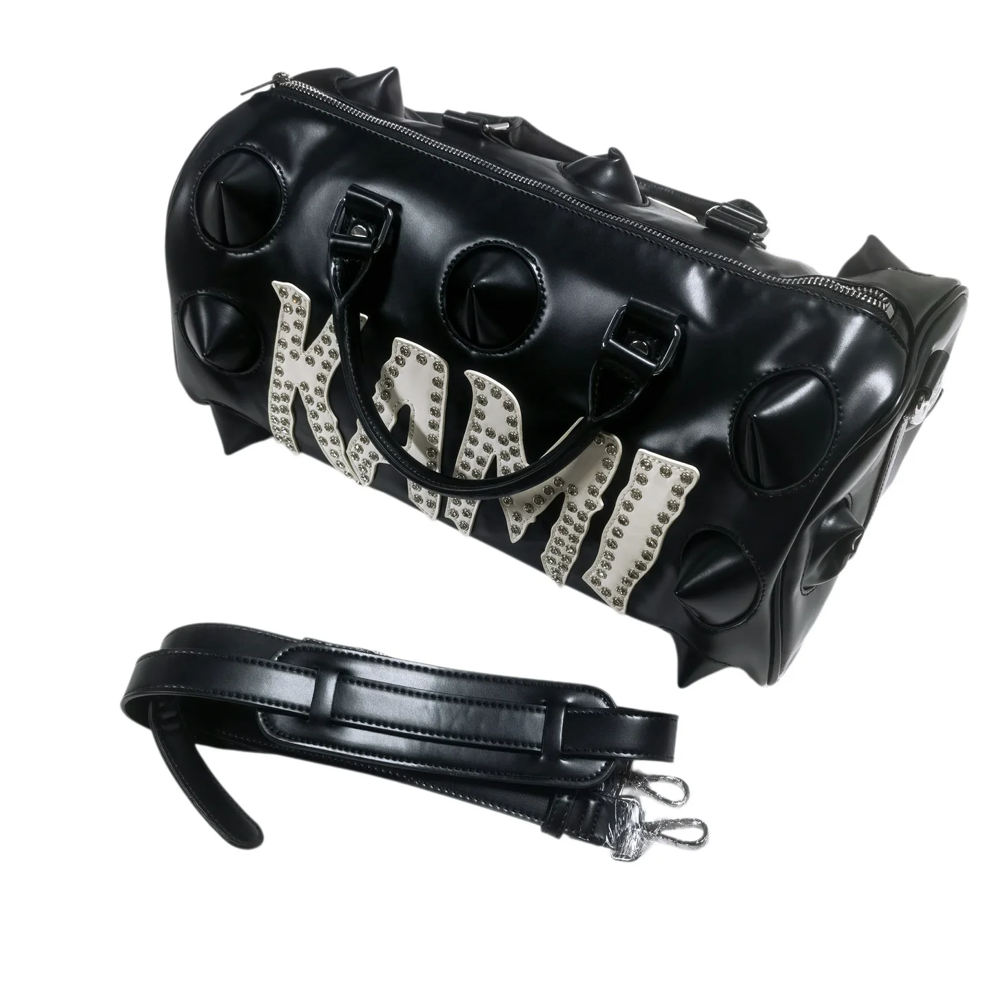 Luxury Punk Rock Subculture Crossbody Bag with Rivets Cylinder 3D Boston Bag Unisex Artificial Leather Zipper Closure