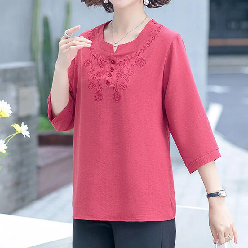 Fashion All-match Solid Color Embroidery Tops for Women 3/4 Sleeve Summer Casual Button Spliced O-Neck T-shirt Female Clothing