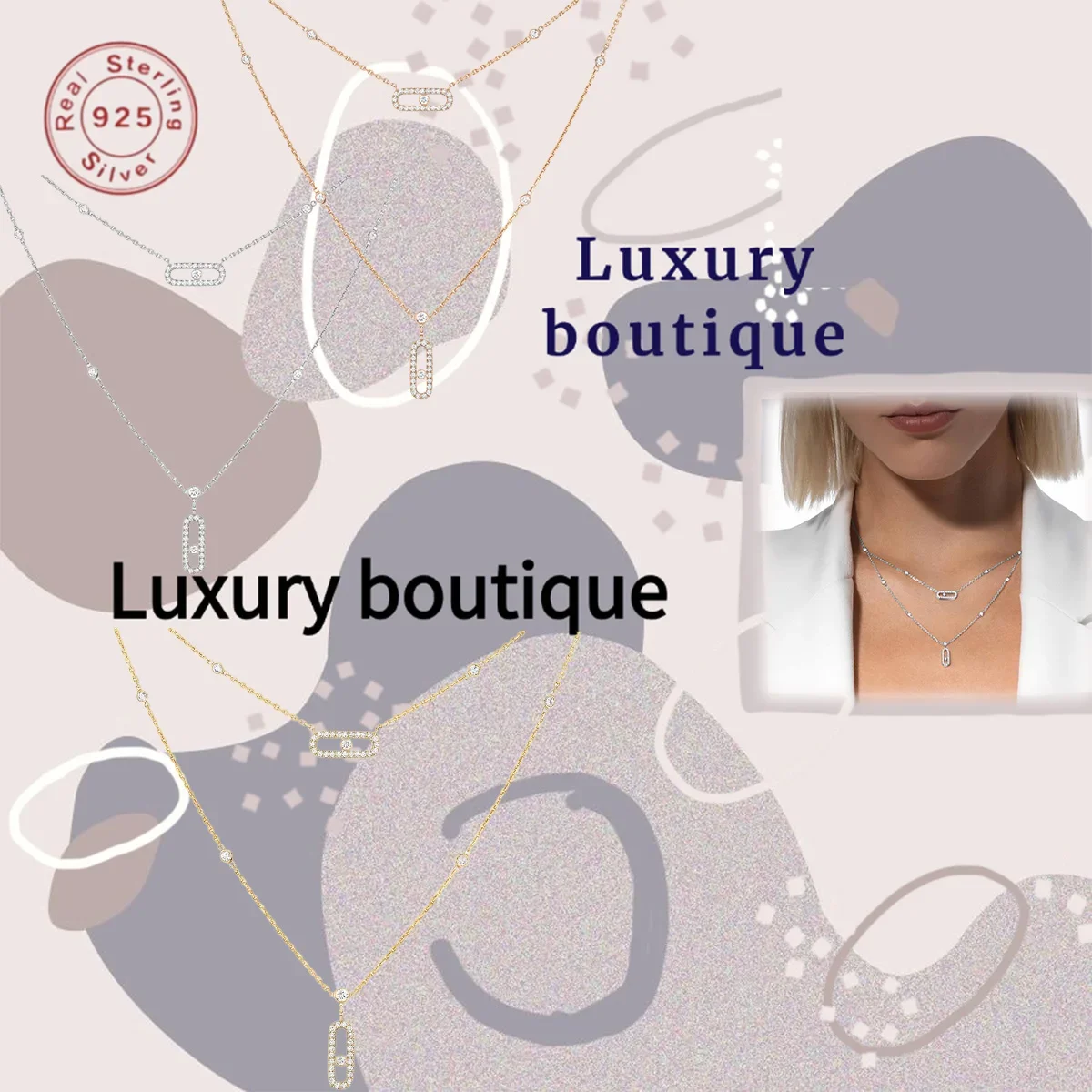 

Pure silver S925 necklace with diamond inlay, oval shape, double layered, ladies' noble luxury, couple's festival gift