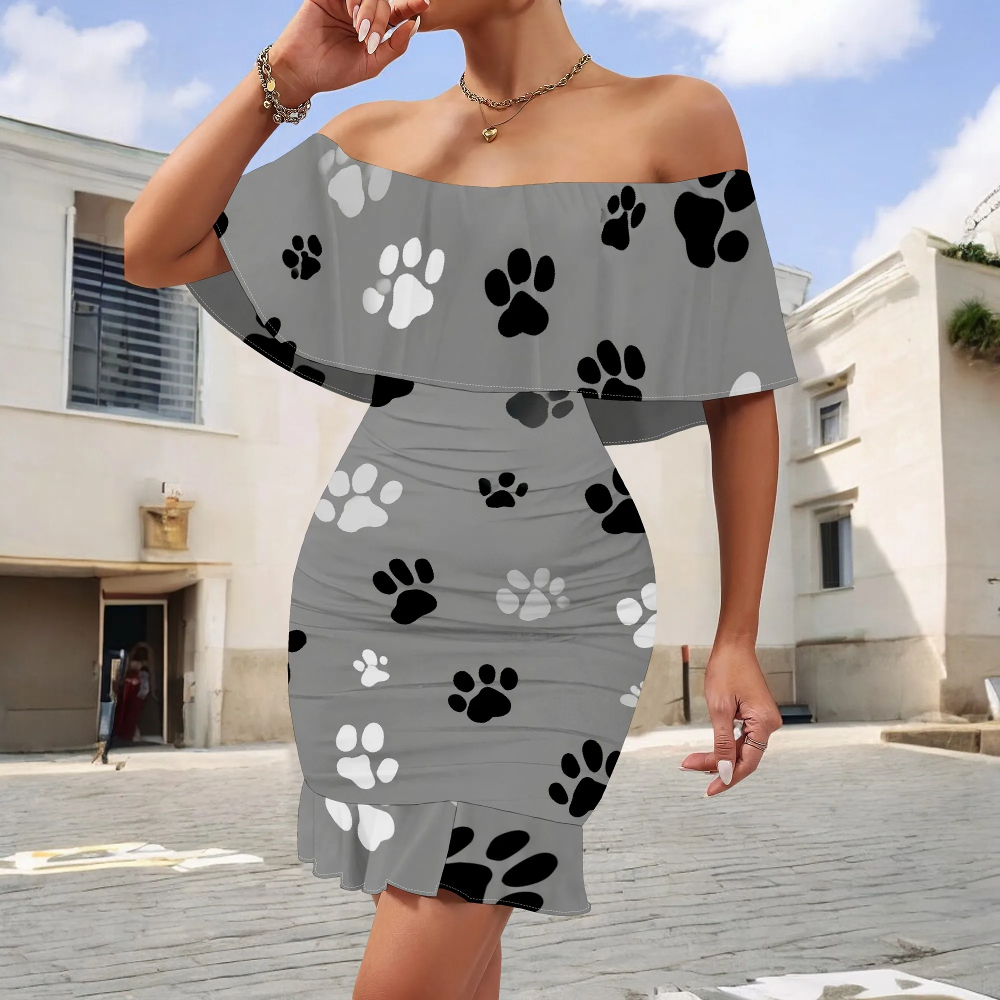 

AliExpress Hot Sale Women's Elegant Off Shoulder Ruffle Dress - Chic Floral Print Bodycon Mini Dress S-3XL For Party & Vacation