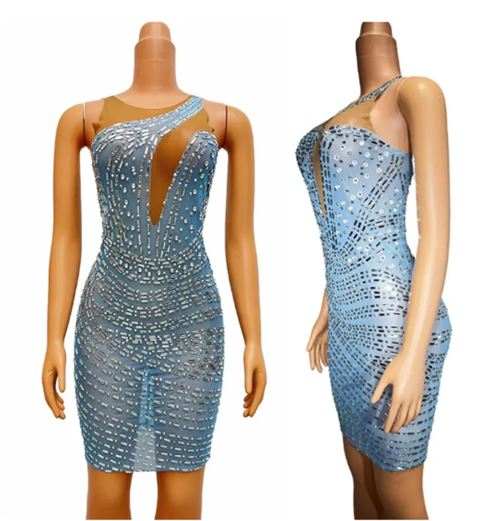

Women Rhinestones Blue Evening Dresses Stretch Drag Queen Show Wear Birthday Party Dress Singer Performance Costume