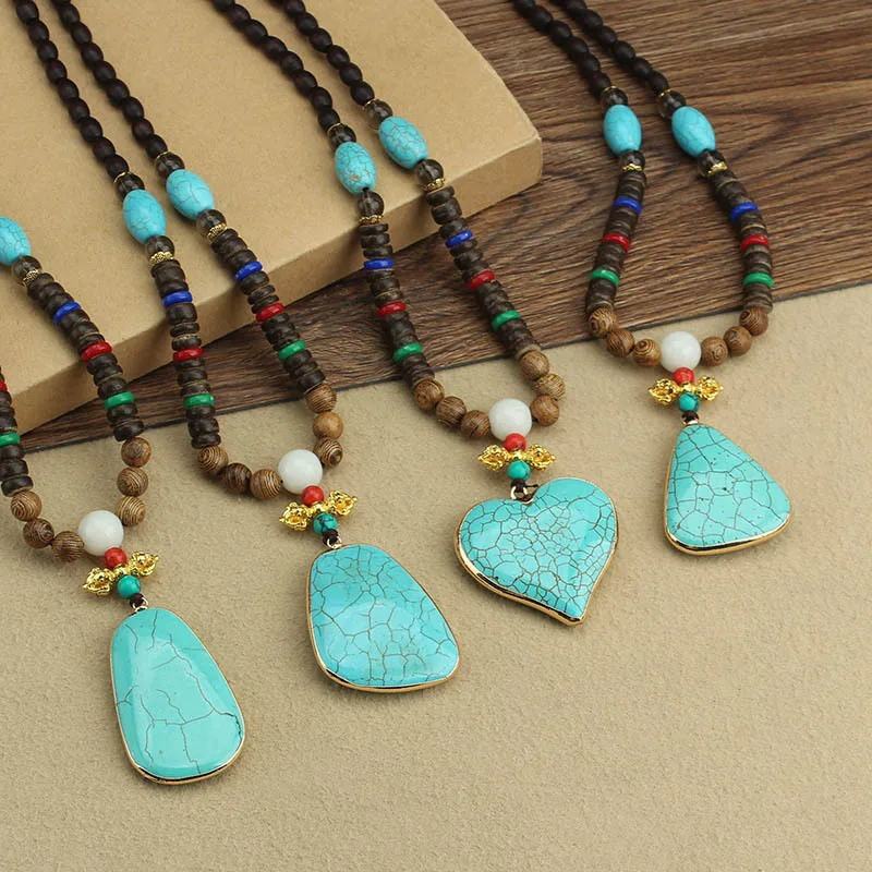 

DIY accessories Retro wood bead sweater chain imitation turquoise pendant, personalized long necklace, national style cotton and