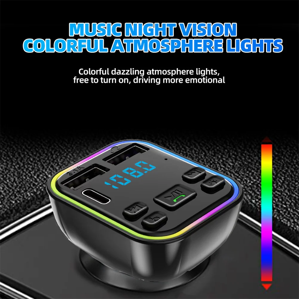 Car Bluetooth5.0 G38 FM Transmitter PD Type-C Dual USB 3.1A Fast Charger Colorful Ambient Light Handsfree MP3 Modulator Player