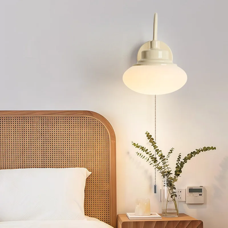 Middle ancient style pull switch wall lamp, living room French retro solid wood bedroom bedside lamp, corridor wall lamp