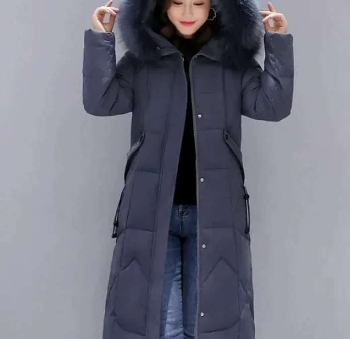 Damen-Winter-Daunenjacke, elegant, mit Kapuze, Pelzkragen, dick, wärmend, schmale Passform, koreanische Mode, mittellang