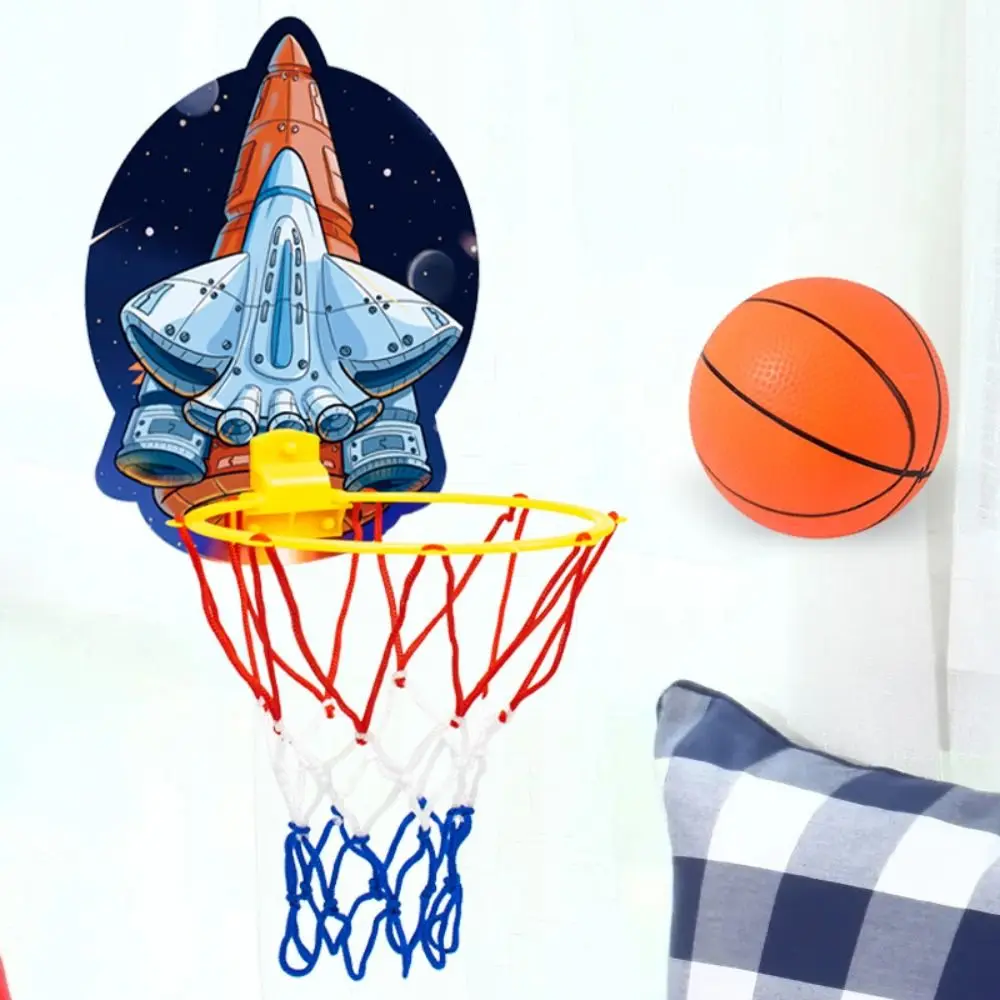 Marco de baloncesto para padres e hijos, tablero de aro de baloncesto, pelota de baloncesto colgante de dibujos animados, nave espacial de cohete, juguetes deportivos para niños