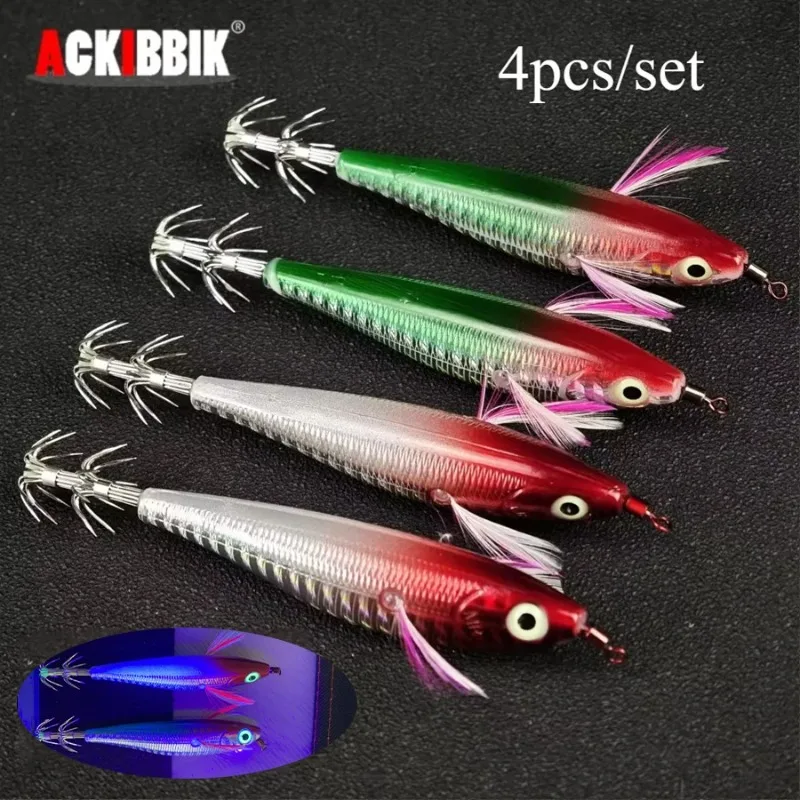 Ackibbik 4pcs/set 10cm/9g Shrimp Fishing Lures Luminous Squid Jig Hook Shrimp Prawn Lure Cuttlefish Fishing Accessories Shrimps