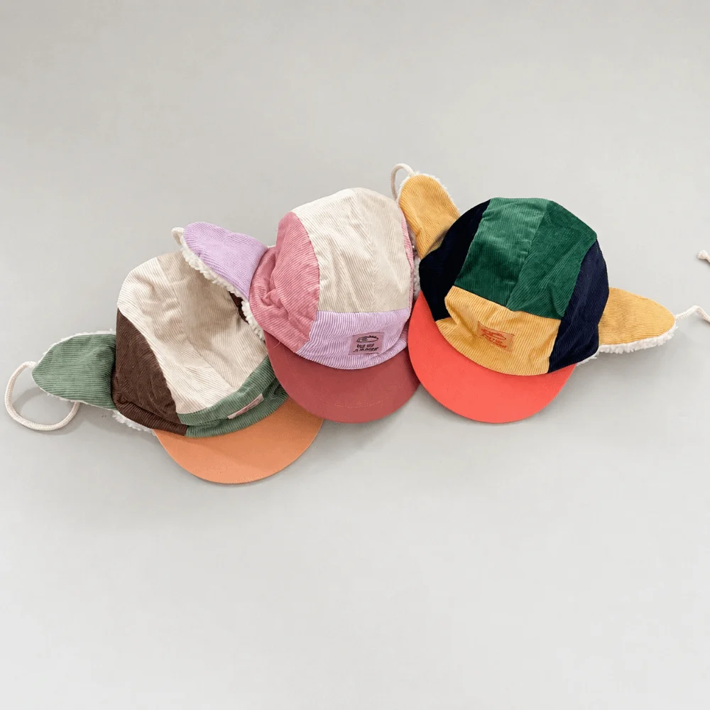 Vintage Patchwork Corduroy Infant Trapper Hat Warm with Sherpa Earflaps Winter Cap Windproof Ski Hat Toddlers