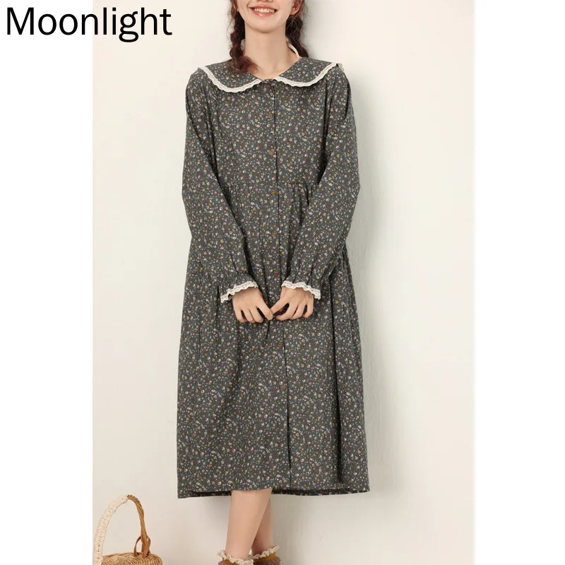 Mori Girl Print Dresses For Woemen Loose Long Sleeve Casual Cotton Linen Floral Lace Dress Japanese Sweet Sailor Collar Vestidos