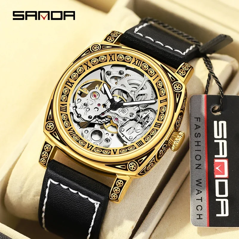 

SANDA mens watches top brand luxury Skeleton Self-winding for Man Waterproof Leather Strap Luminous Military 2024 New