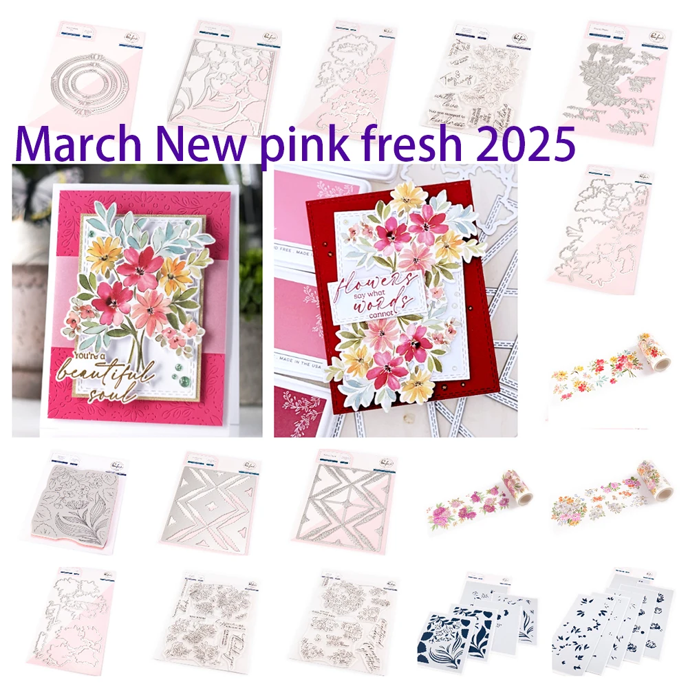 

2025 New pink Joyful Blooms Metal Cutting Dies Stamp Stencil Hot Foil Set DIY fresh Scrapbooking Card Handmade Embossing