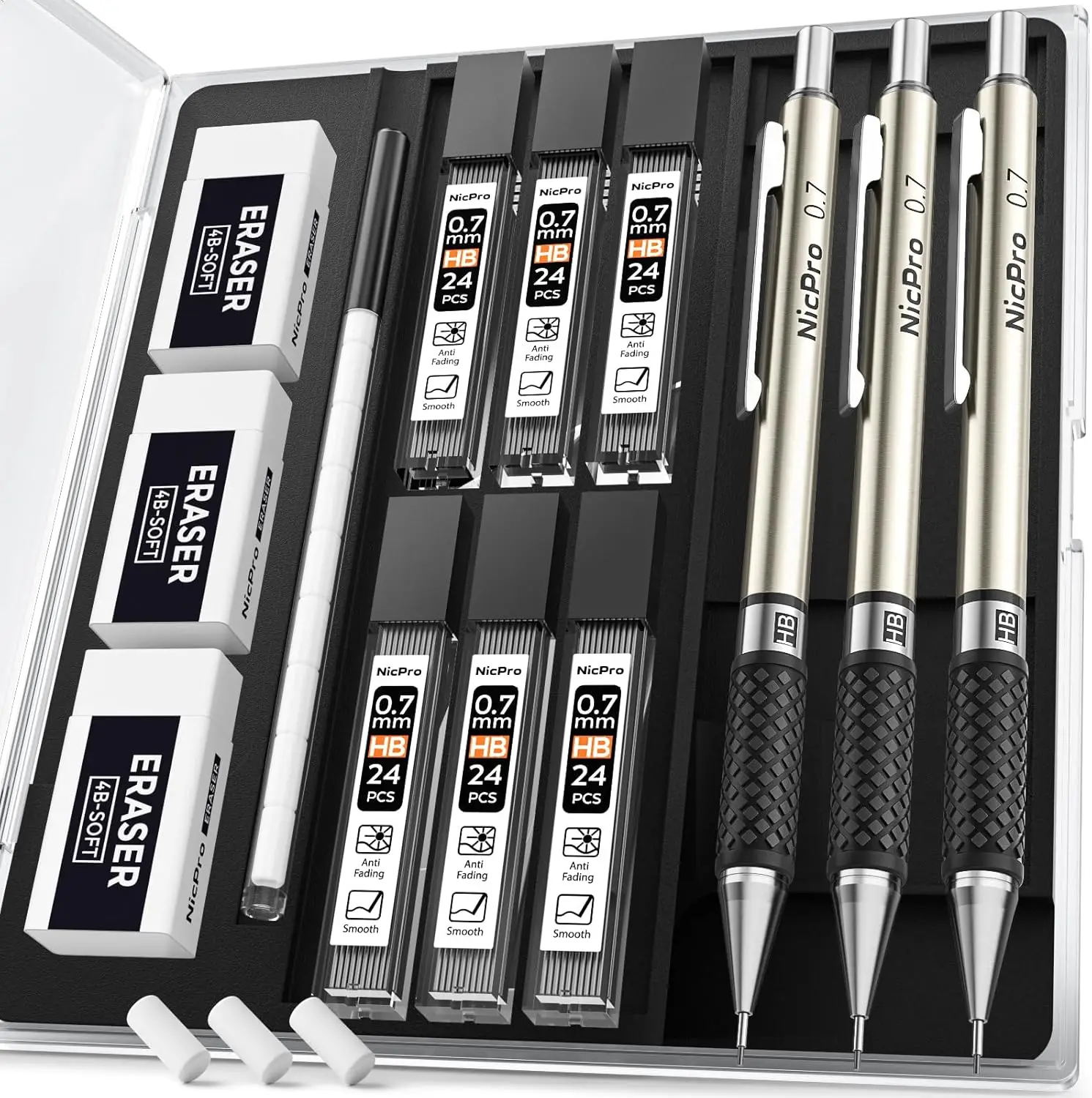 

0.7mm Metal Mechanical Pencil Set with Case, Lead Refills, Erasers for Drawing and Writing